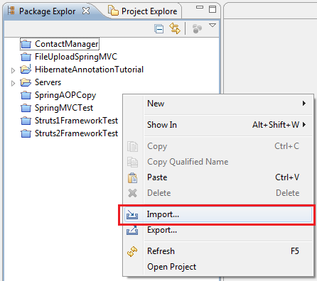 Import from Package Explorer view context menu
