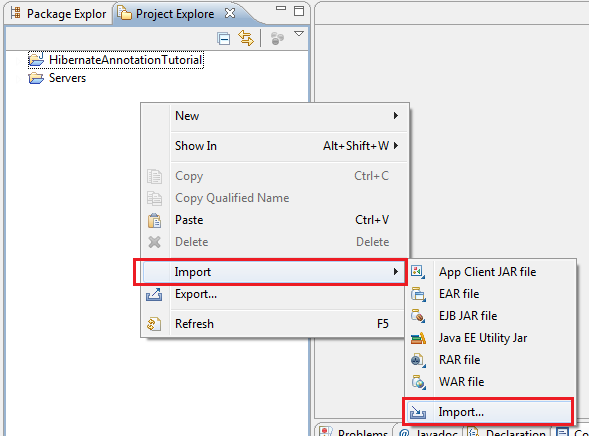 Import from Project Explorer view context menu