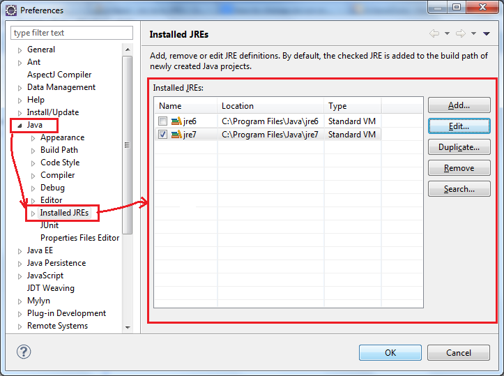 Eclipse preferences - installed JREs