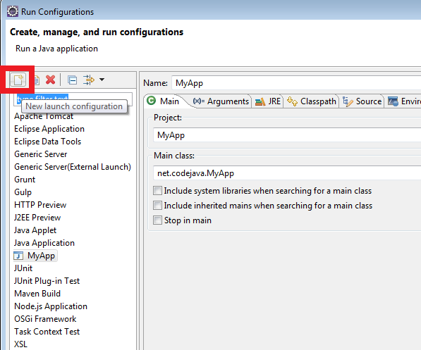 Eclipse New launch configuration