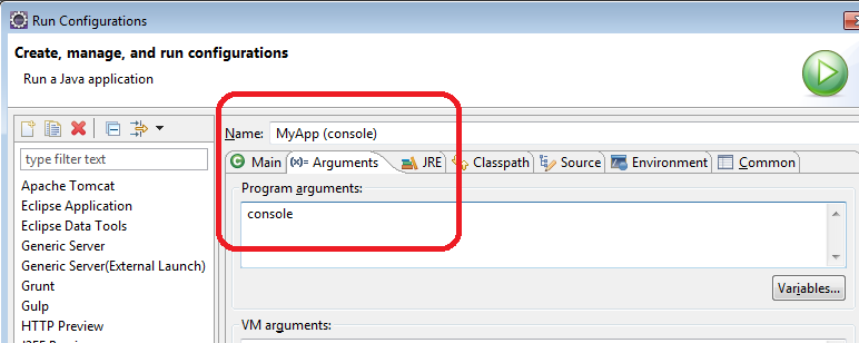 Eclipse program argument console