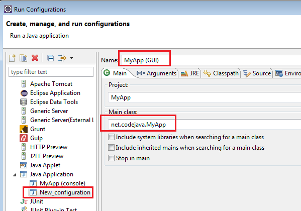 Eclipse program argument gui main class