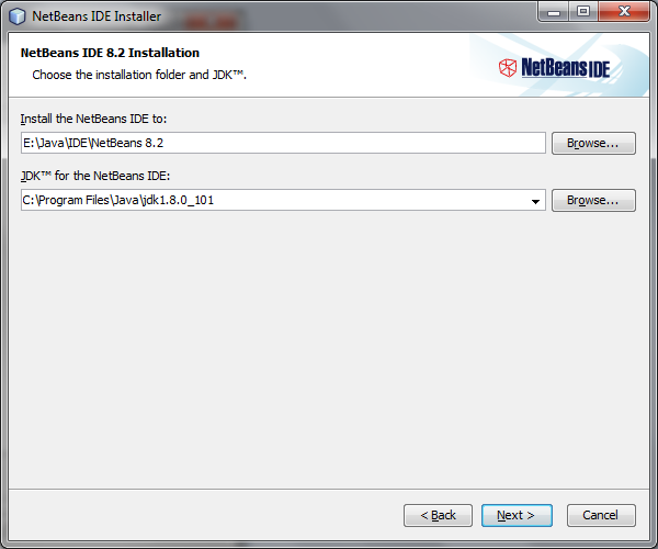 Install NetBeans choose directory and JDK