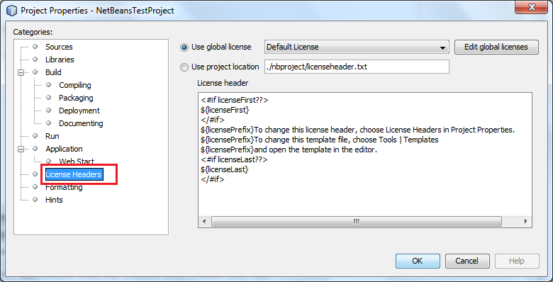 License Headers in Project Properties