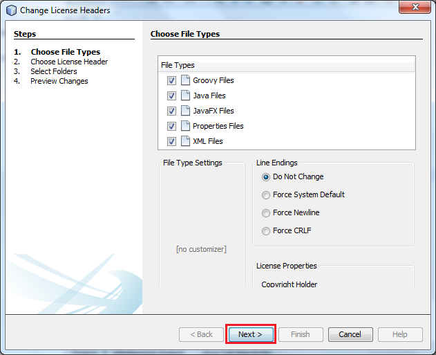 change license header - choose file types