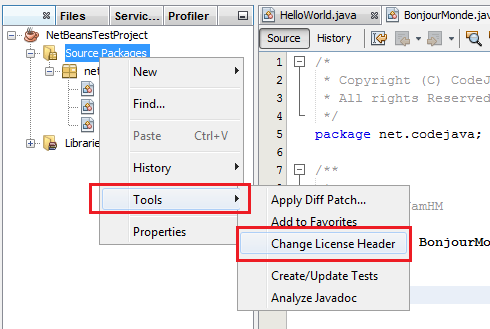change license header context menu