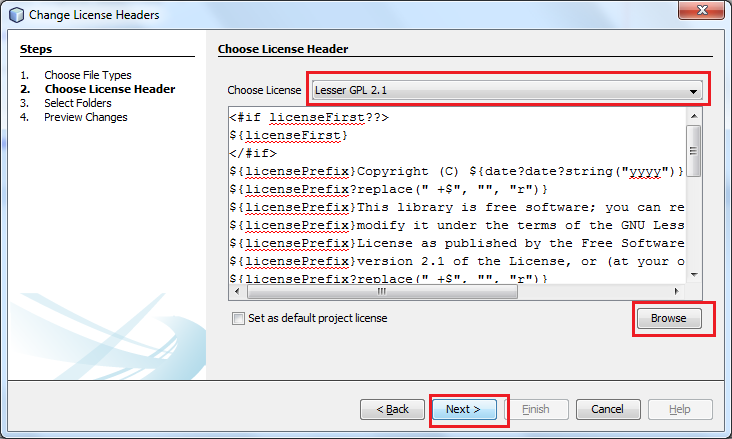 choose license header