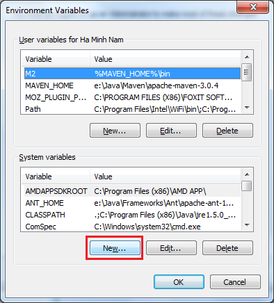 Environment Variables dialog