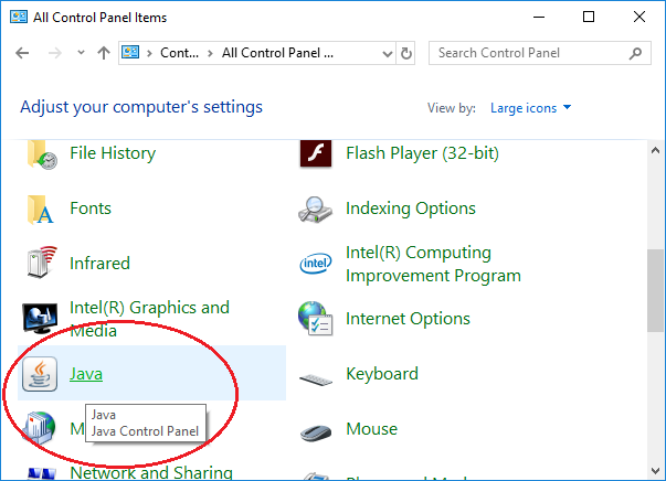 java in control panel