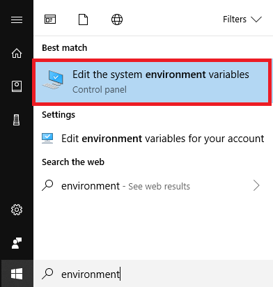 start menu open system environment variable dialog