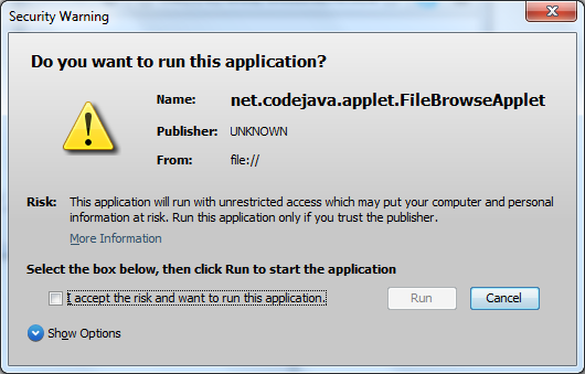run self-signed applet warning