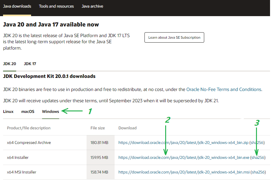 oracle jdk 20 download page