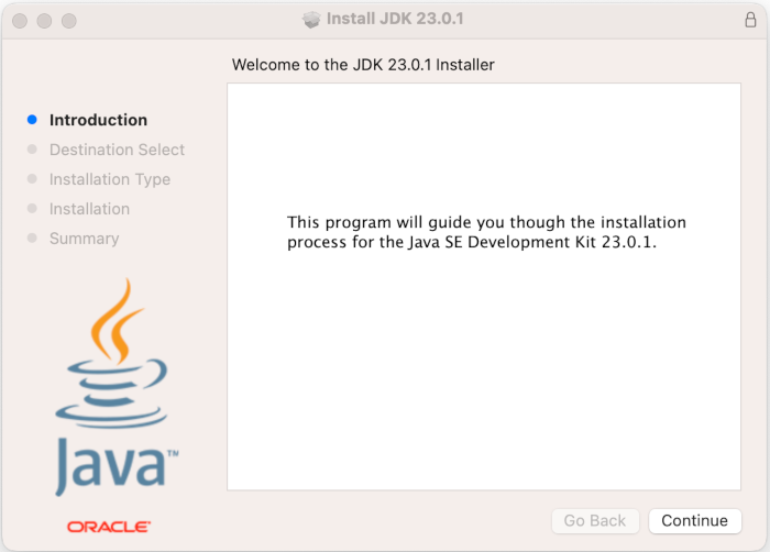 setup program for oracle jdk 23 macos