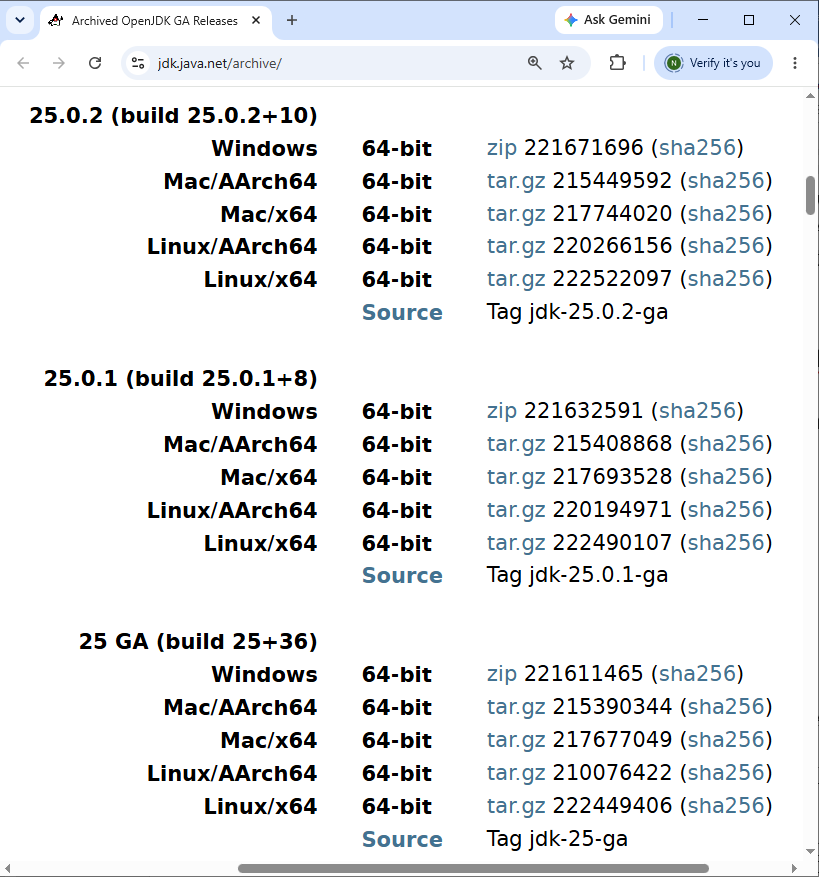 OpenJDK 25 Archive download page