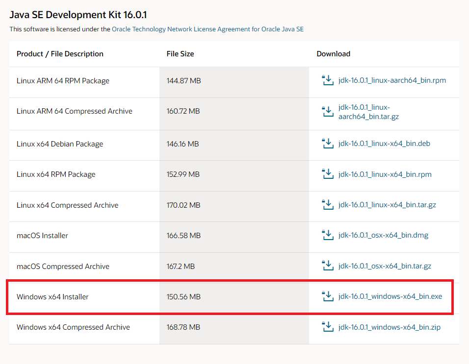 Java SE 16 download page