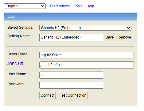 H2 Console login page