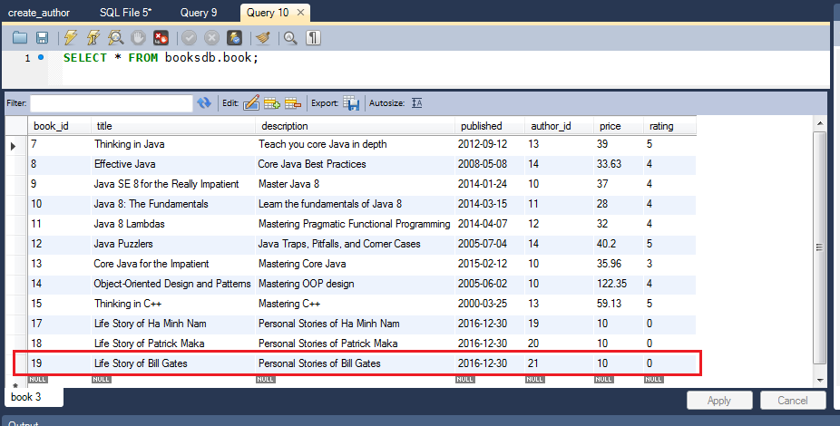 java call sp result in book table