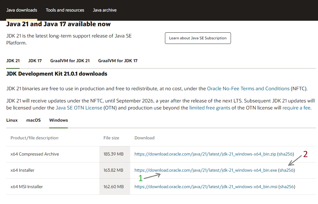 JDK 21 download page