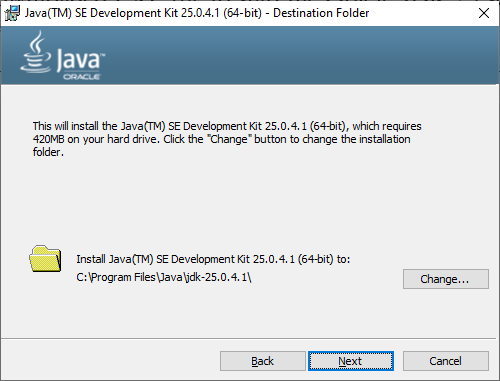 JDK 25 setup change directory