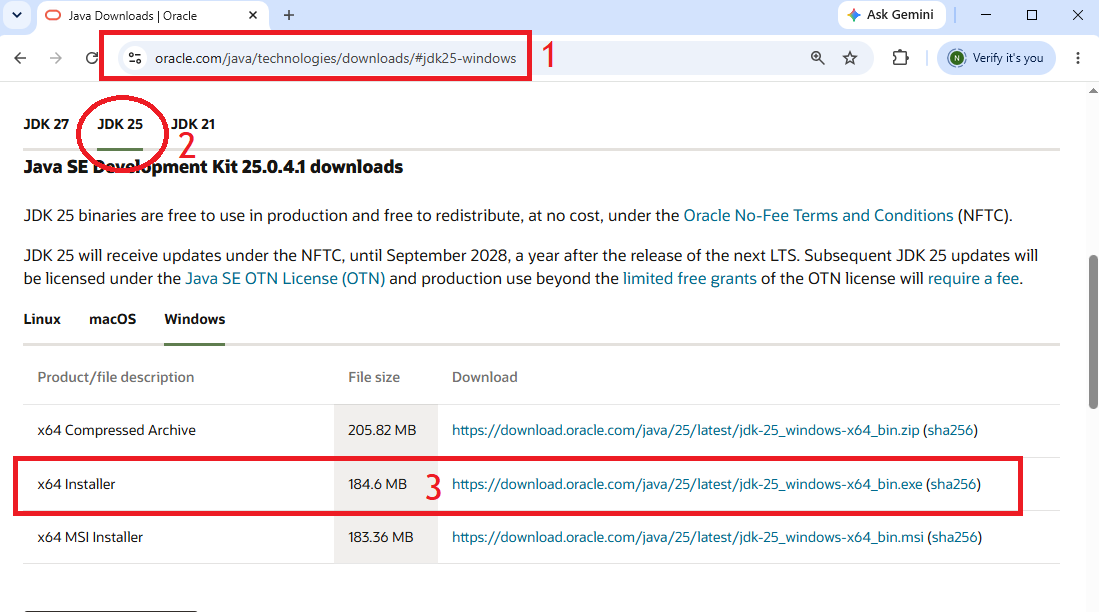 Oracle JDK 25 Download Windows