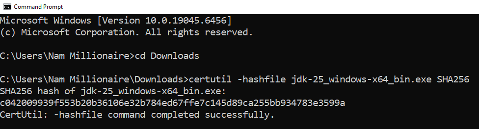 verify checksum jdk 25 win