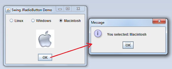 JRadioButton demo click OK