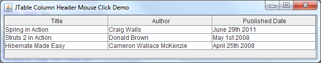 JTable column header mouse click demo program