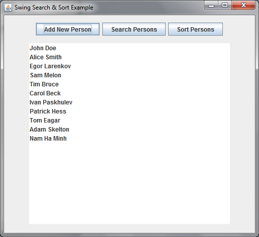 Swing Search and Sort Example - unsorted list