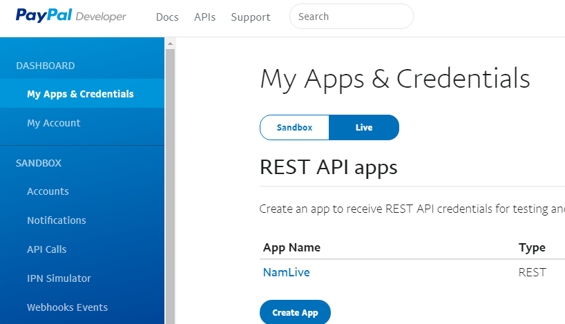 create paypal live app