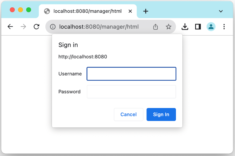 sign in Tomcat 10 manager app