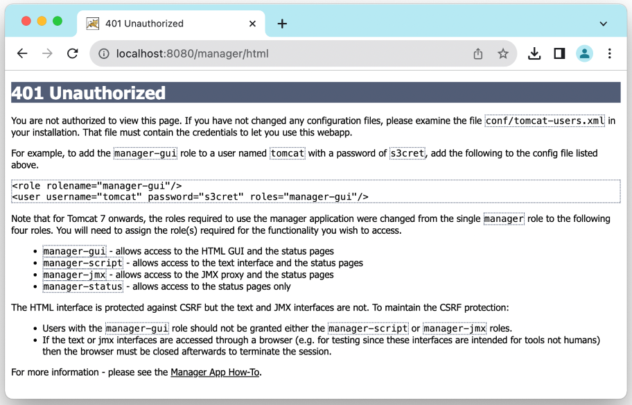 unauthorized error Tomcat 10