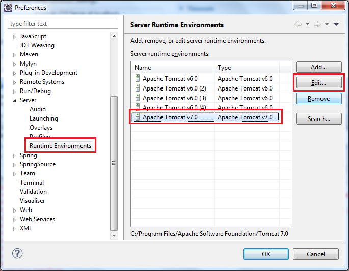 Edit Tomcat runtime in Eclipse