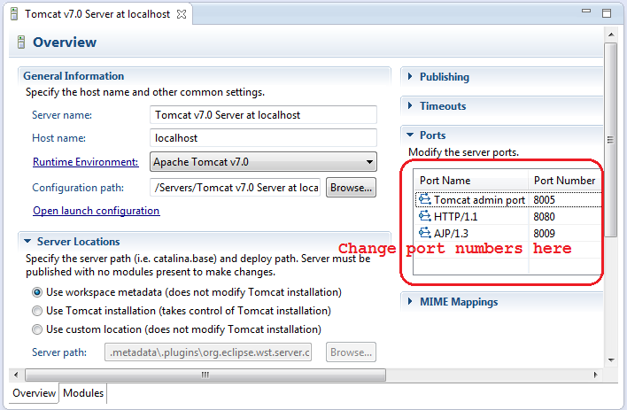 configuration page for Tomcat in Eclipse